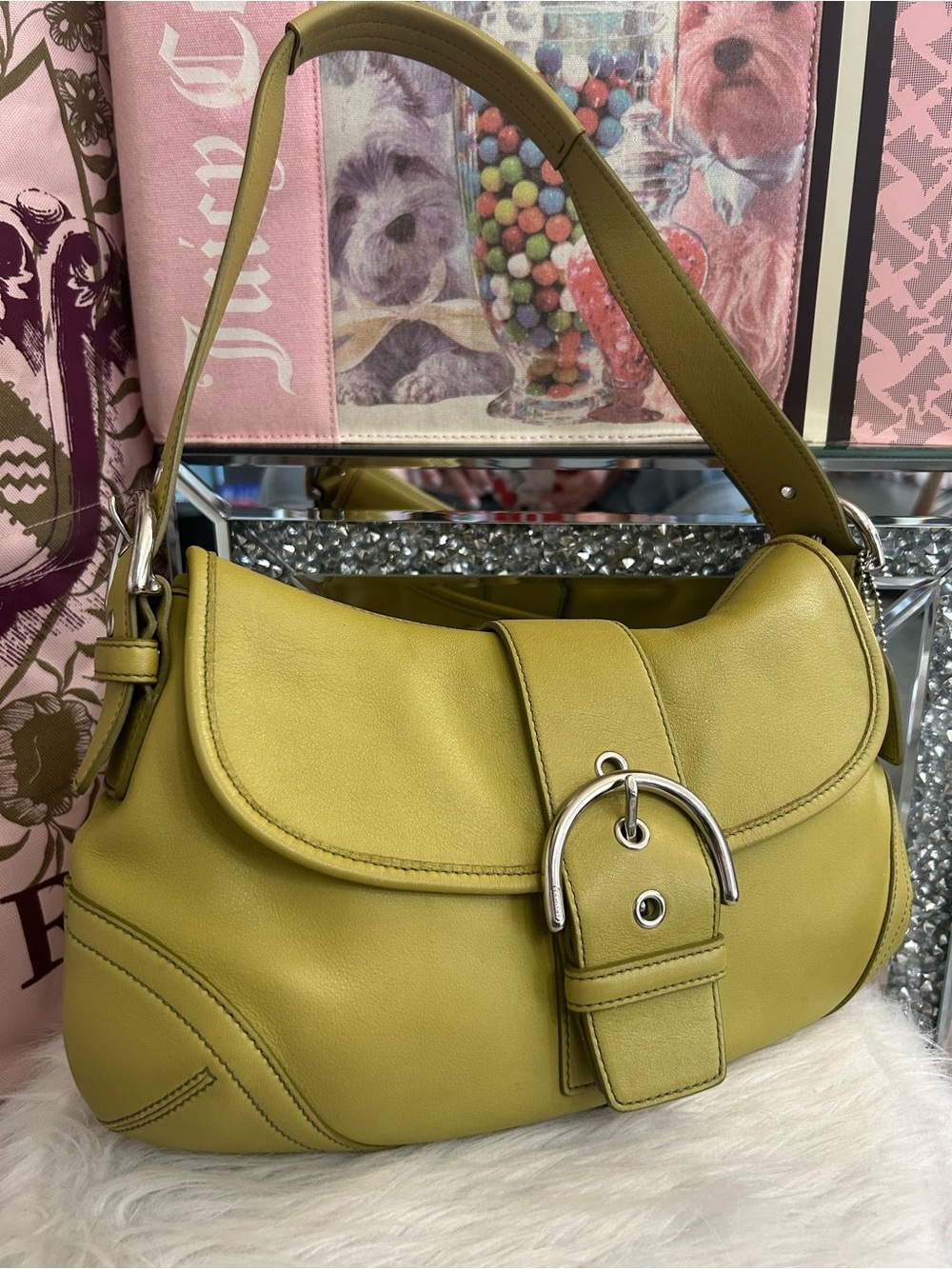 Y2K Vintage 2004 Coach Soho 9248 Lime Green Leather Buckle Flap Shoulder Bag - Picture 2 of 15